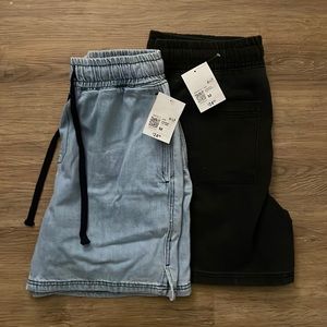 2 BRAND NEW Forever21 Men Denim Drawstring Shorts - Black & Blue (Medium)
